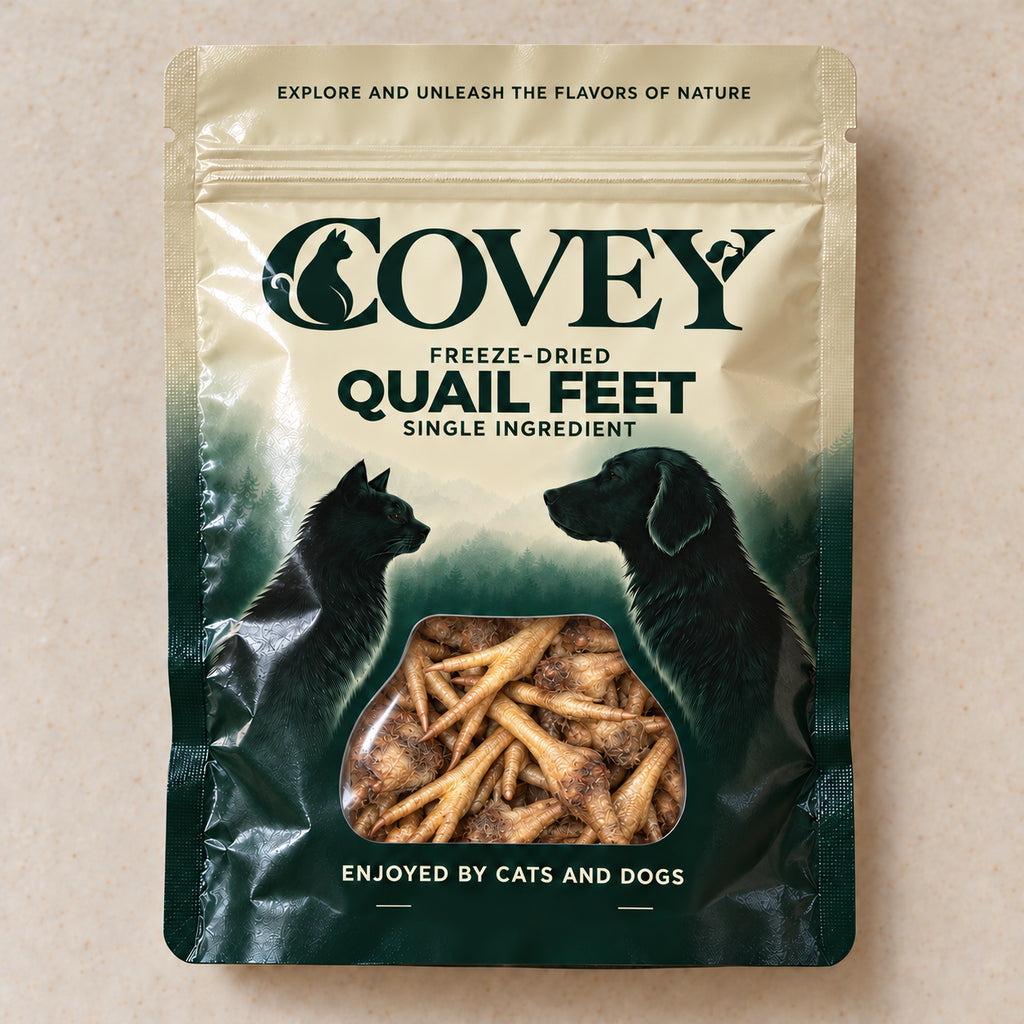 Covey Quail Feet packaging mockup with supplied product in window