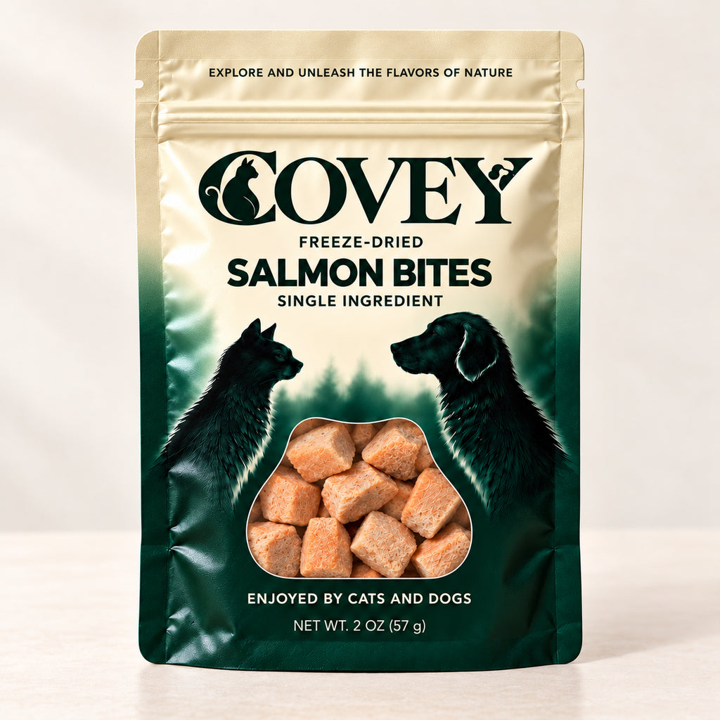 Covey Salmon Bites packaging mockup with actual product in window
