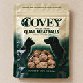Covey Quail Meatballs packaging mockup with supplied product in window