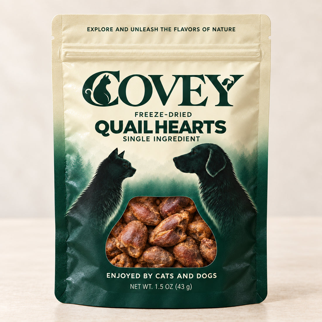 Covey freeze-dried quail hearts packaging