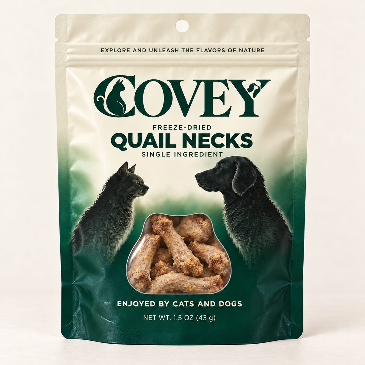 Covey Quail Necks packaging mockup with supplied product in window